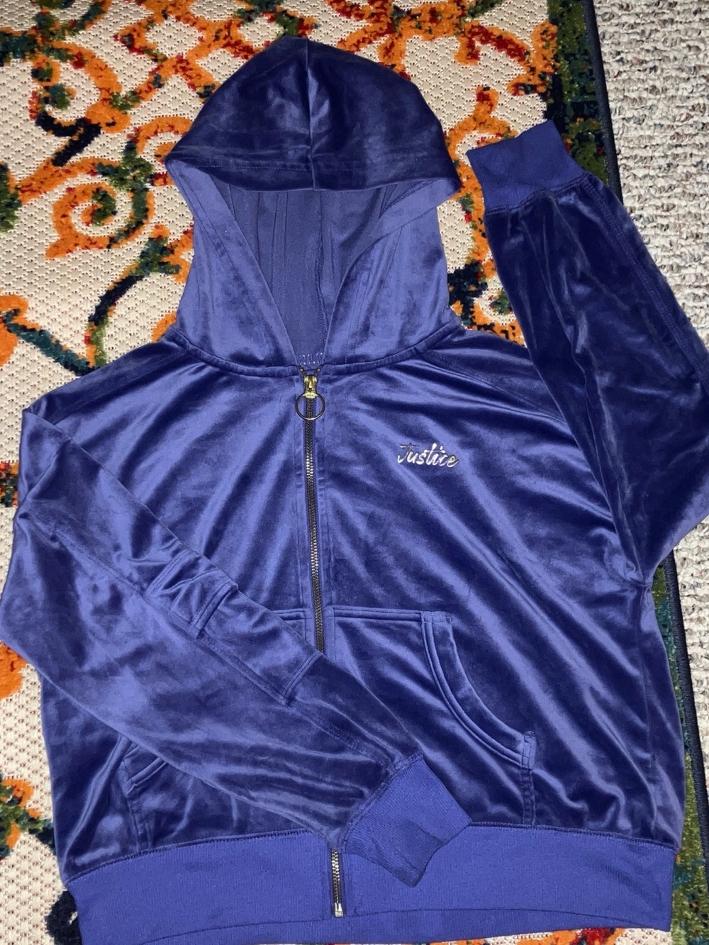 Justice Purple Velvet Zip Hoodie with Gold Zipper